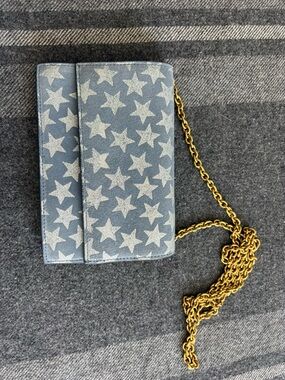 Star Print Chain Suede Crossbody Purse in Blue and Silver